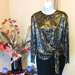 VTG Style Rite Blouse Crew Neck Blouse Gold Black Printed Long Sleeve Womens Top
